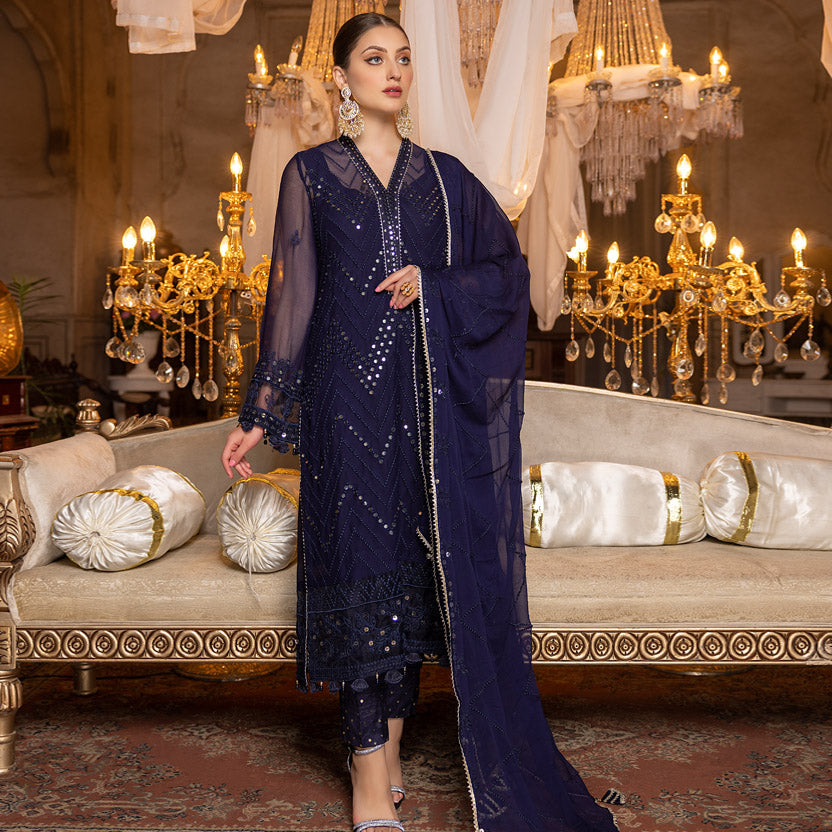 Merakish Navy Blue – Embroidered Chiffon